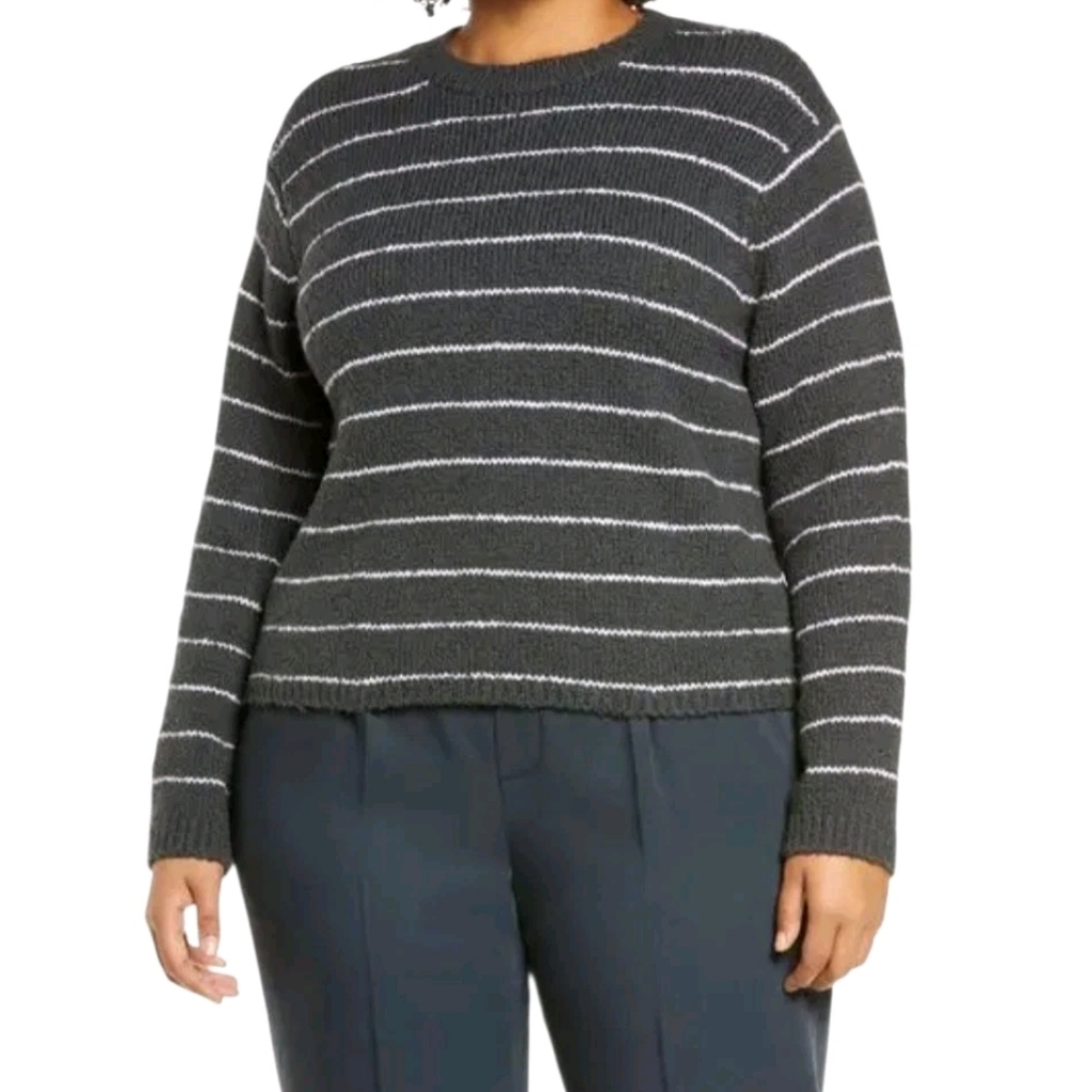 Vince Sweater Size 1x Dark Tide Optic White Organic Cotton Pebbled Stripe